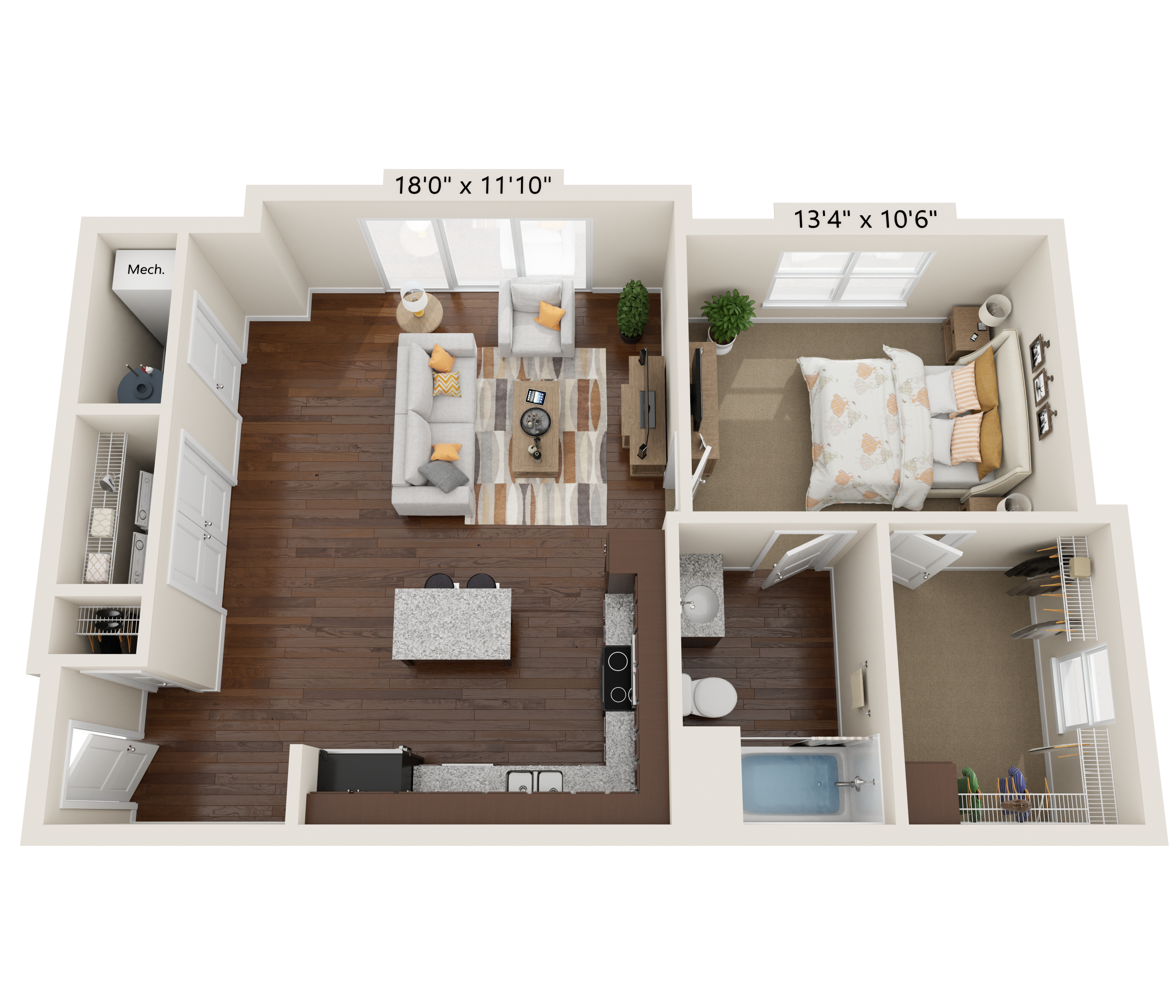 Floor plan for 1 bed, 1 bath, 811 sqft